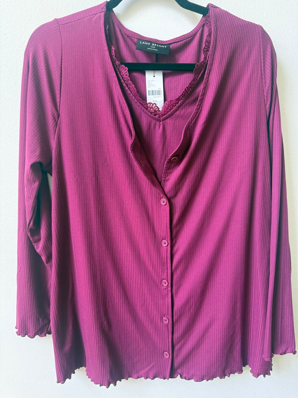 Lane Bryant 2 Piece Cardigan Cami Set Lace Ribbed Burgundy Womens 14/16 NWT